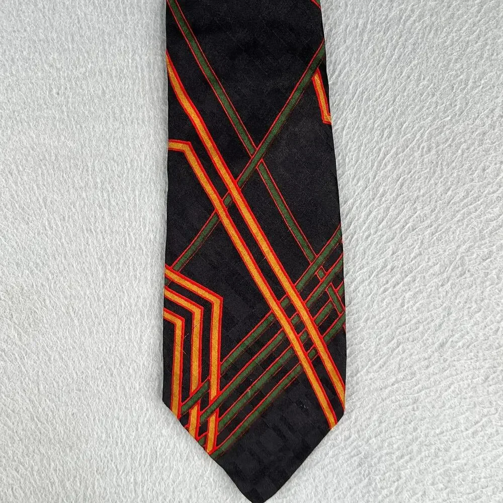 Lanvin Chemisier Paris Necktie Black Colorful Geometric Silk Mens Tie